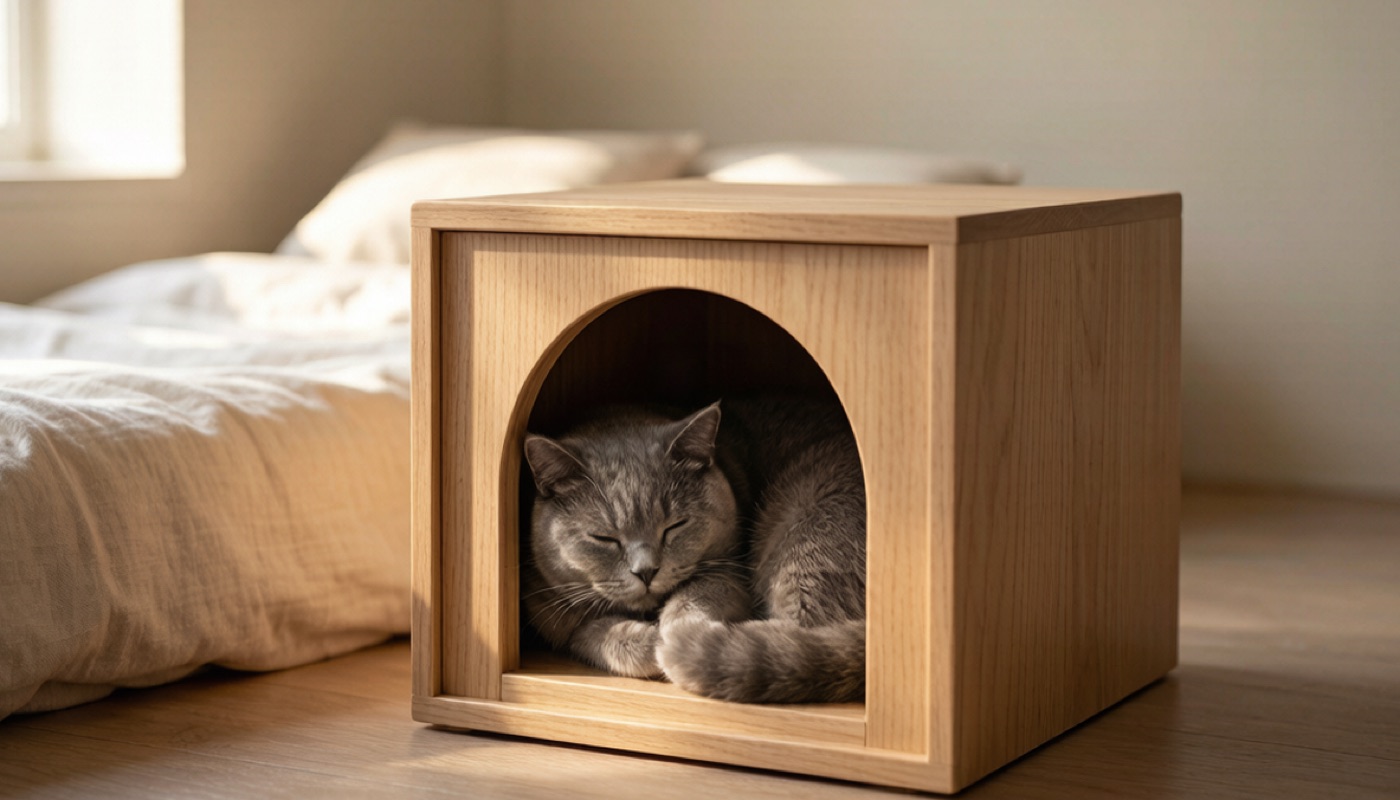Gatto che dorme in una cuccia in legno HelloNova